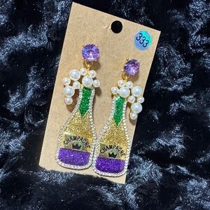 Champagne Bottle Mardi Gras Dangle Earrings with Pearls